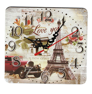 China Silent Wall Clock Paris Eiffel Tower Flower Design Clock Home Bedroom Kitchen Decor Square-shaped Wood Wall Clock factory